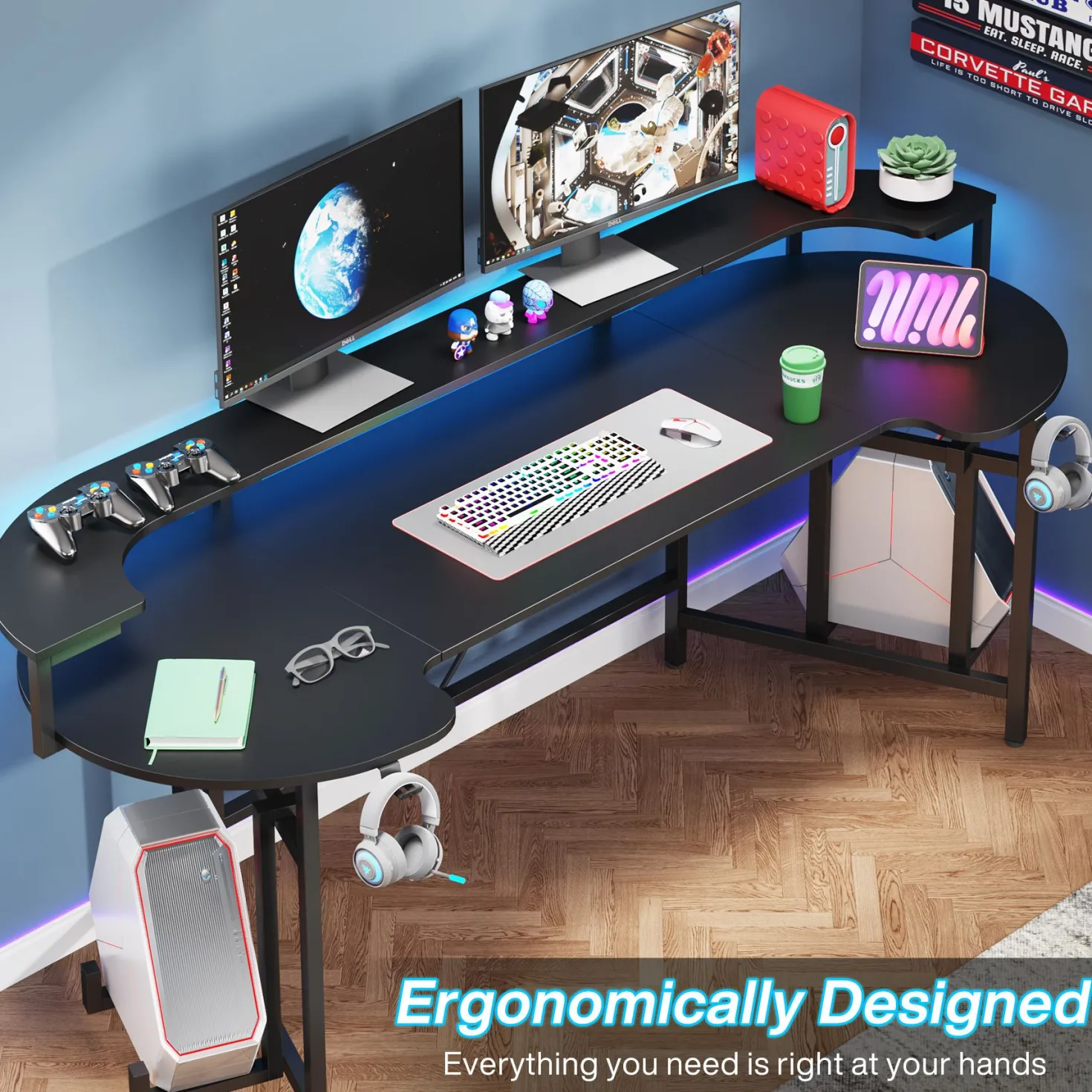 75" Gaming Desk, Black Computer Desk with LED Strip & Monitor Shelf