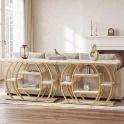 41" Gold Entryway Console Table with Faux Marble Top, Narrow Sofa Table with 5-Tier Storage Shelves