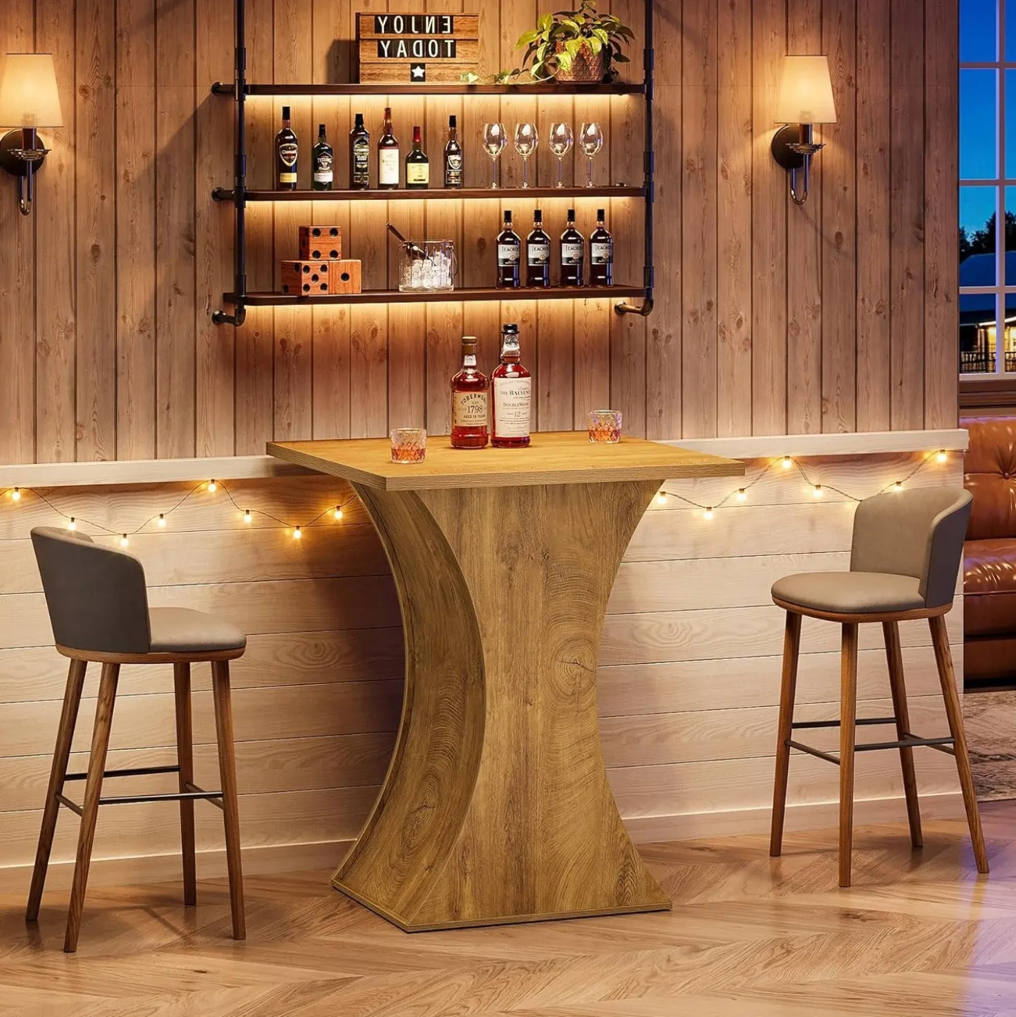 39.4" H Square Bar Table, Farmhouse Pub Cocktail Table with Curved Profile