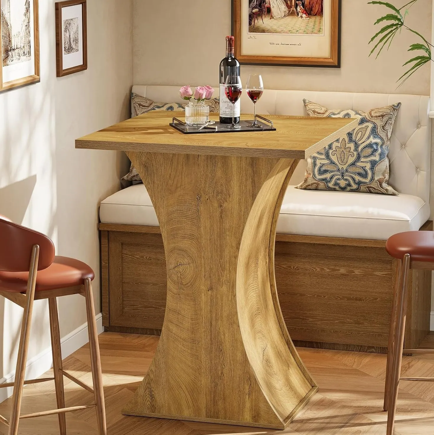 39.4" H Square Bar Table, Farmhouse Pub Cocktail Table with Curved Profile