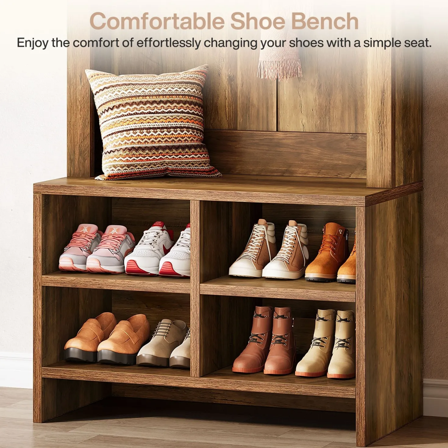 70.87“ Hall Tree, Arched Coat Rack with Bench and Shoe Storage
