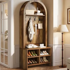 70.87“ Hall Tree, Arched Coat Rack with Bench and Shoe Storage