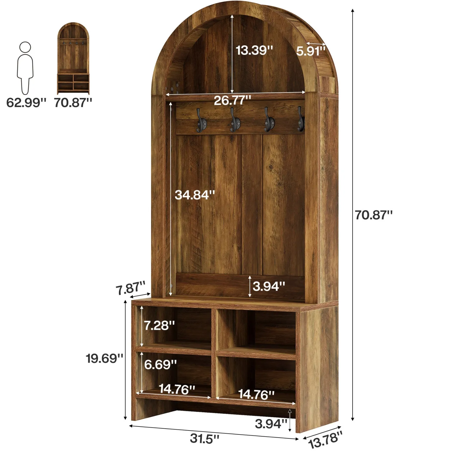 70.87“ Hall Tree, Arched Coat Rack with Bench and Shoe Storage