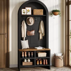 70.87“ Hall Tree, Arched Coat Rack with Bench and Shoe Storage