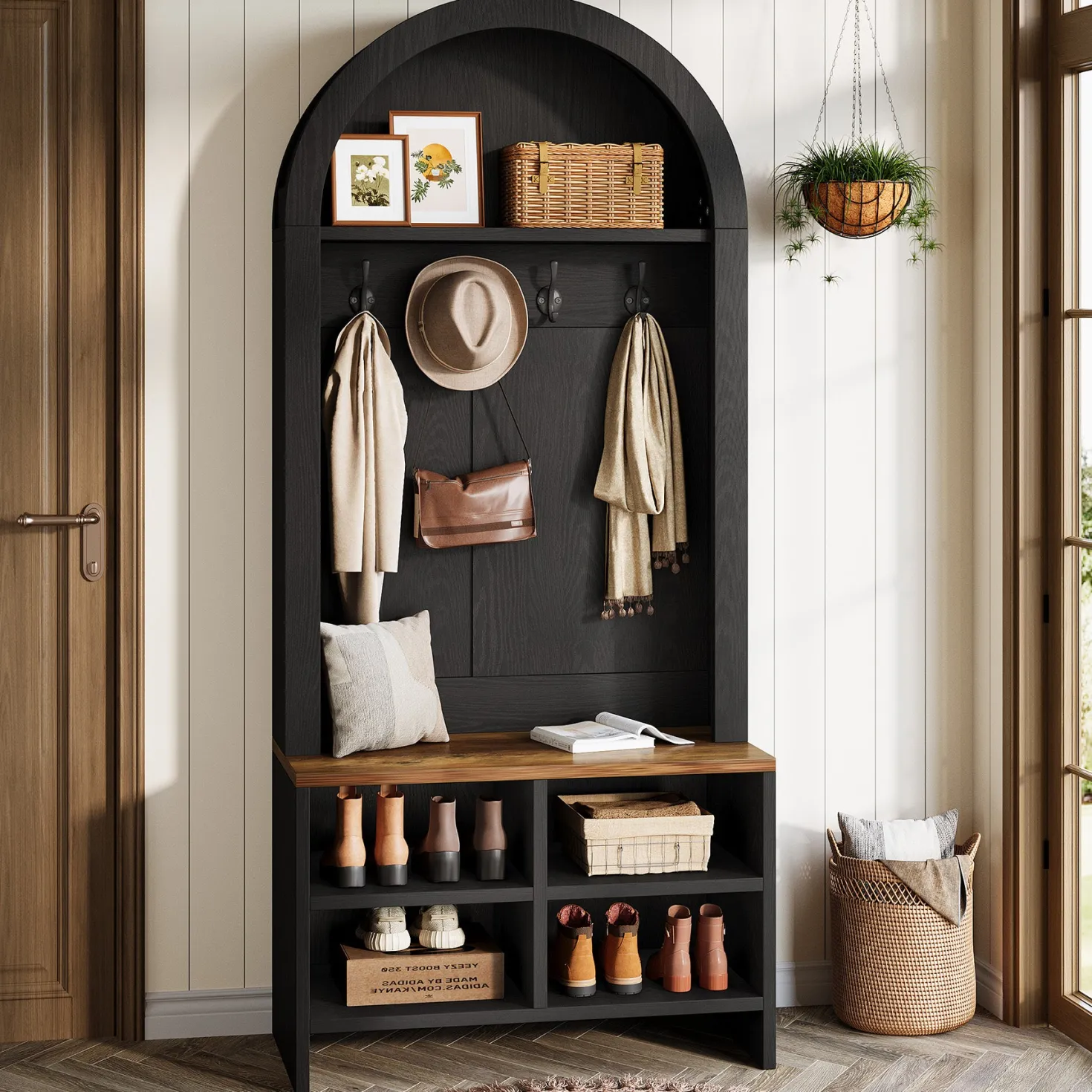 70.87“ Hall Tree, Arched Coat Rack with Bench and Shoe Storage