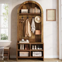 70.87“ Hall Tree, Arched Coat Rack with Bench and Shoe Storage