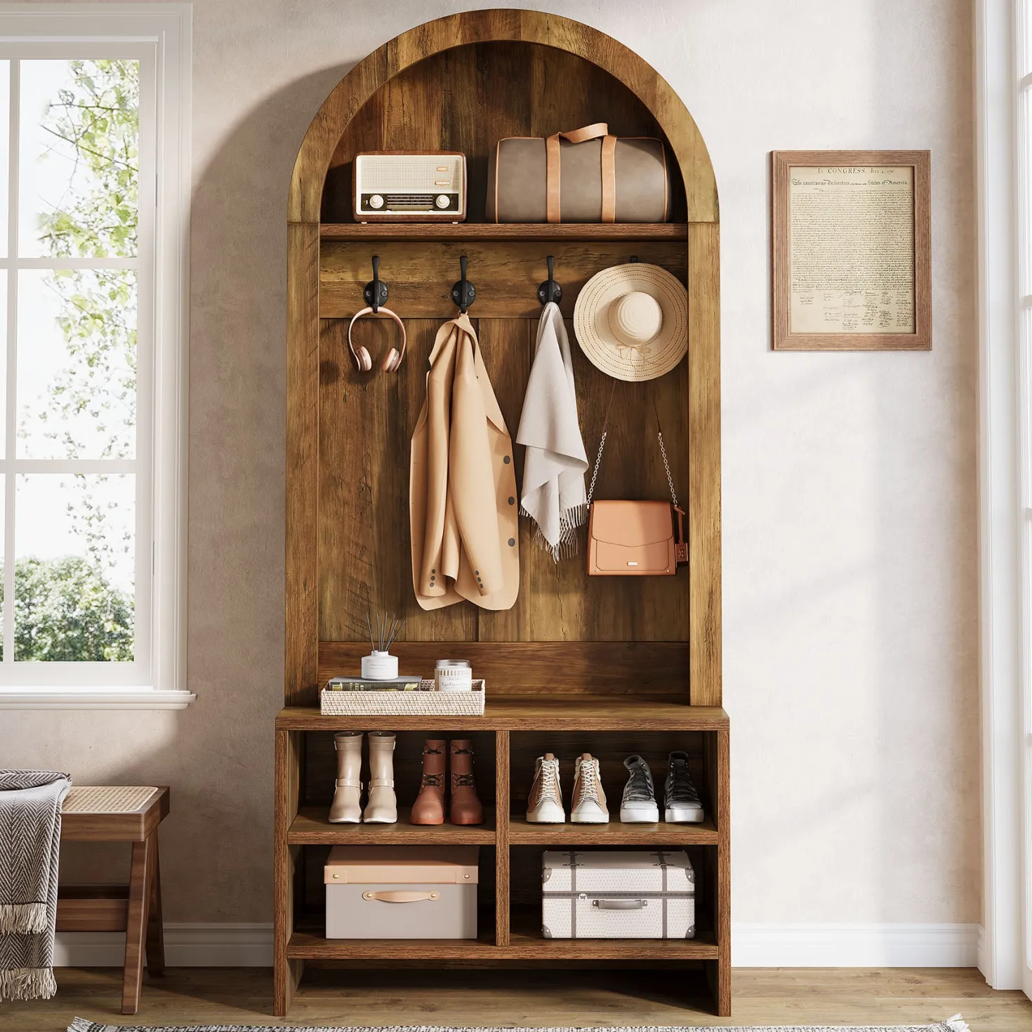 70.87“ Hall Tree, Arched Coat Rack with Bench and Shoe Storage