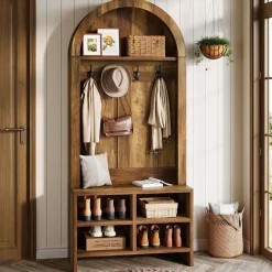 70.87“ Hall Tree, Arched Coat Rack with Bench and Shoe Storage
