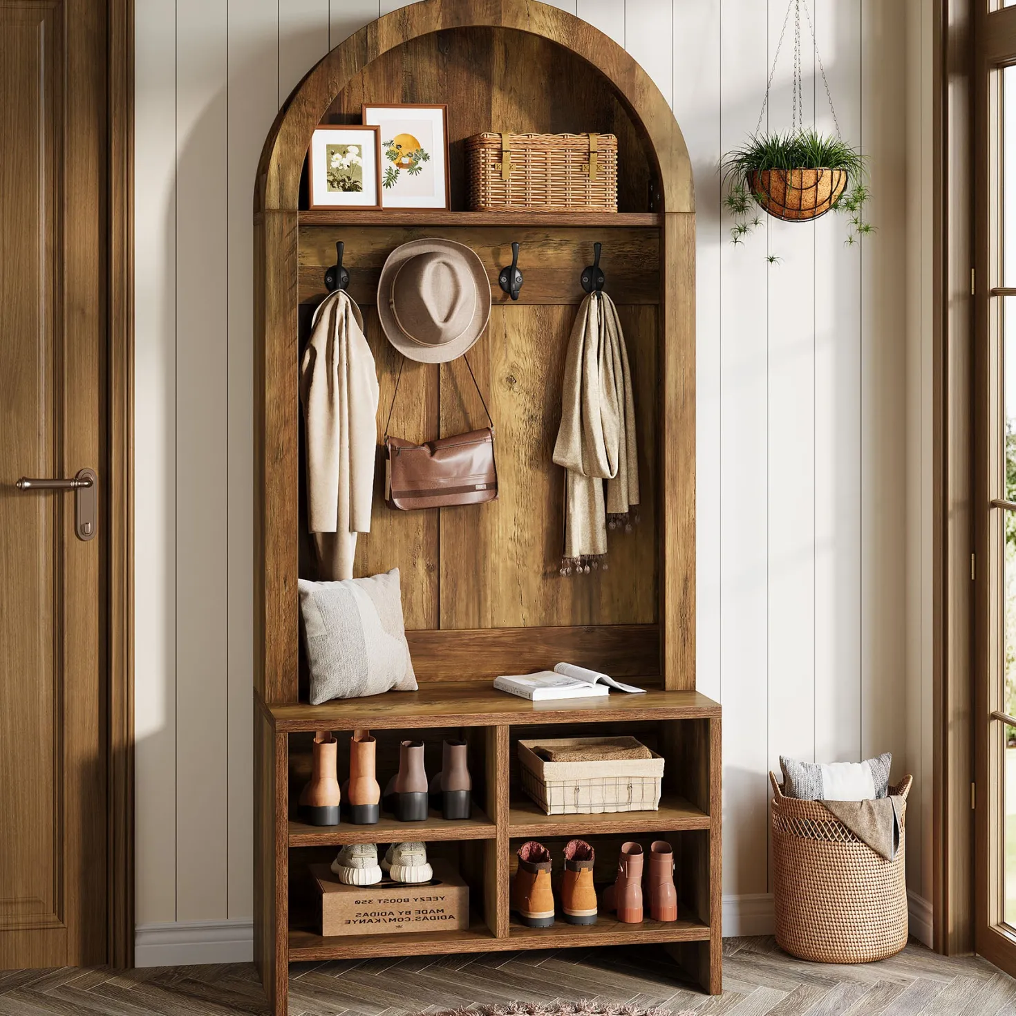 70.87“ Hall Tree, Arched Coat Rack with Bench and Shoe Storage