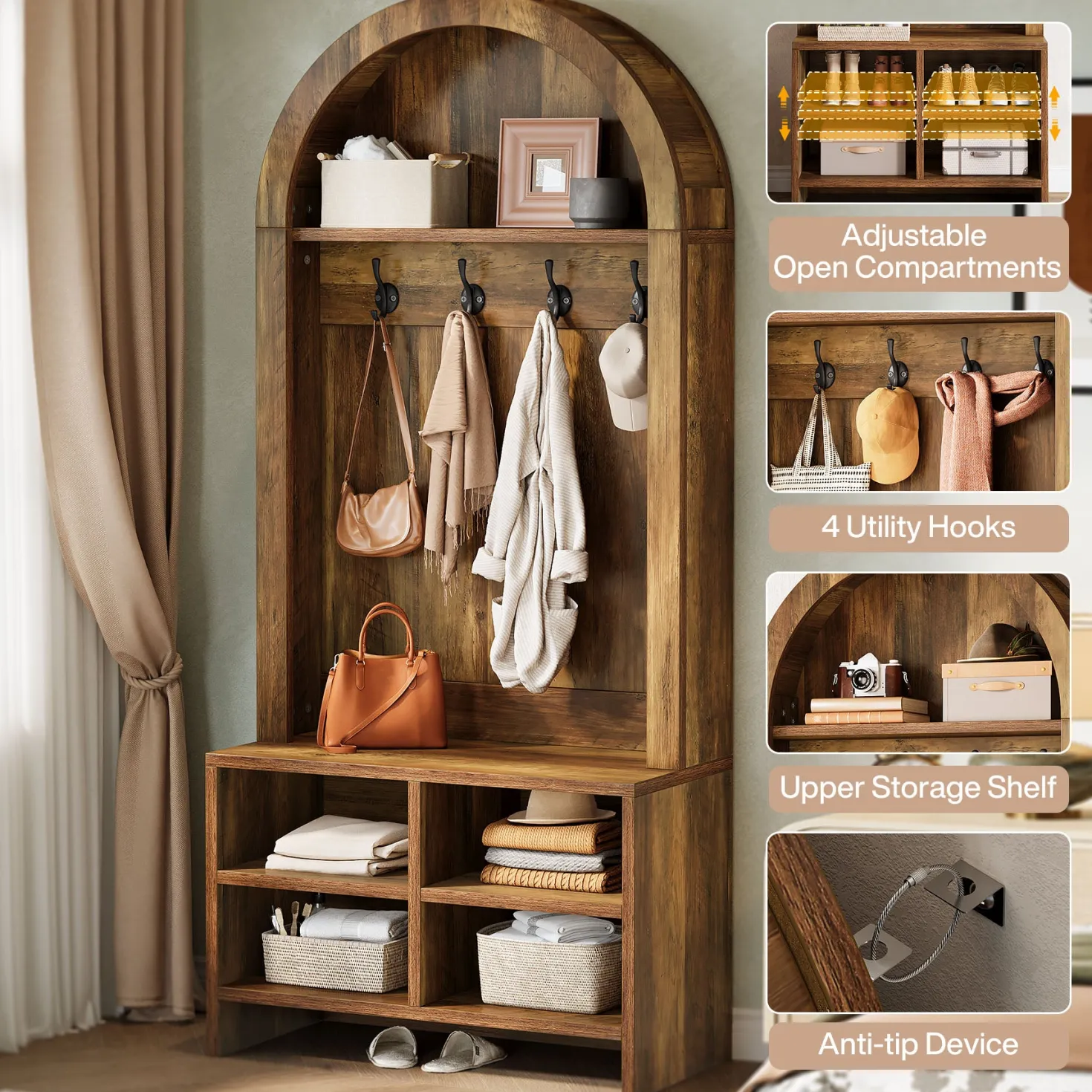 70.87“ Hall Tree, Arched Coat Rack with Bench and Shoe Storage