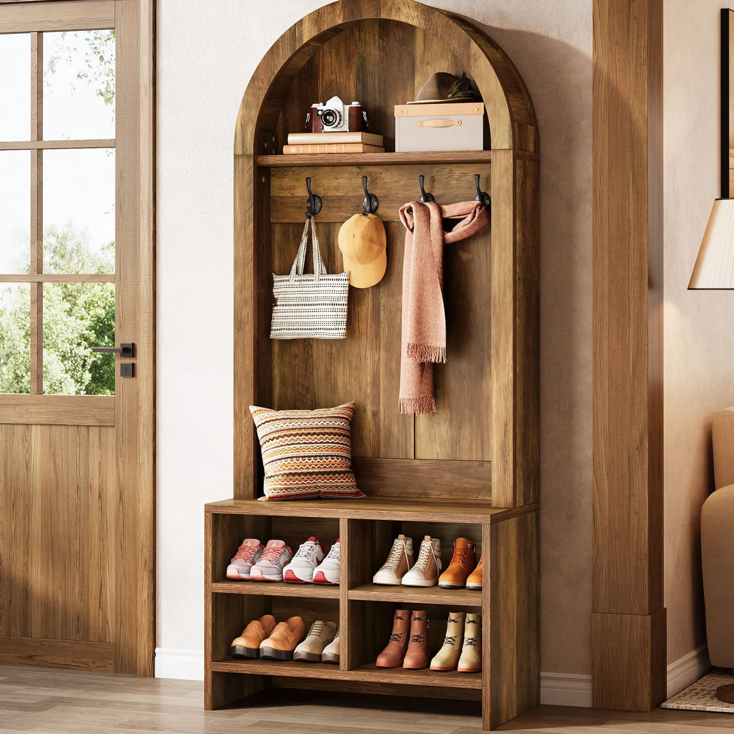 70.87“ Hall Tree, Arched Coat Rack with Bench and Shoe Storage