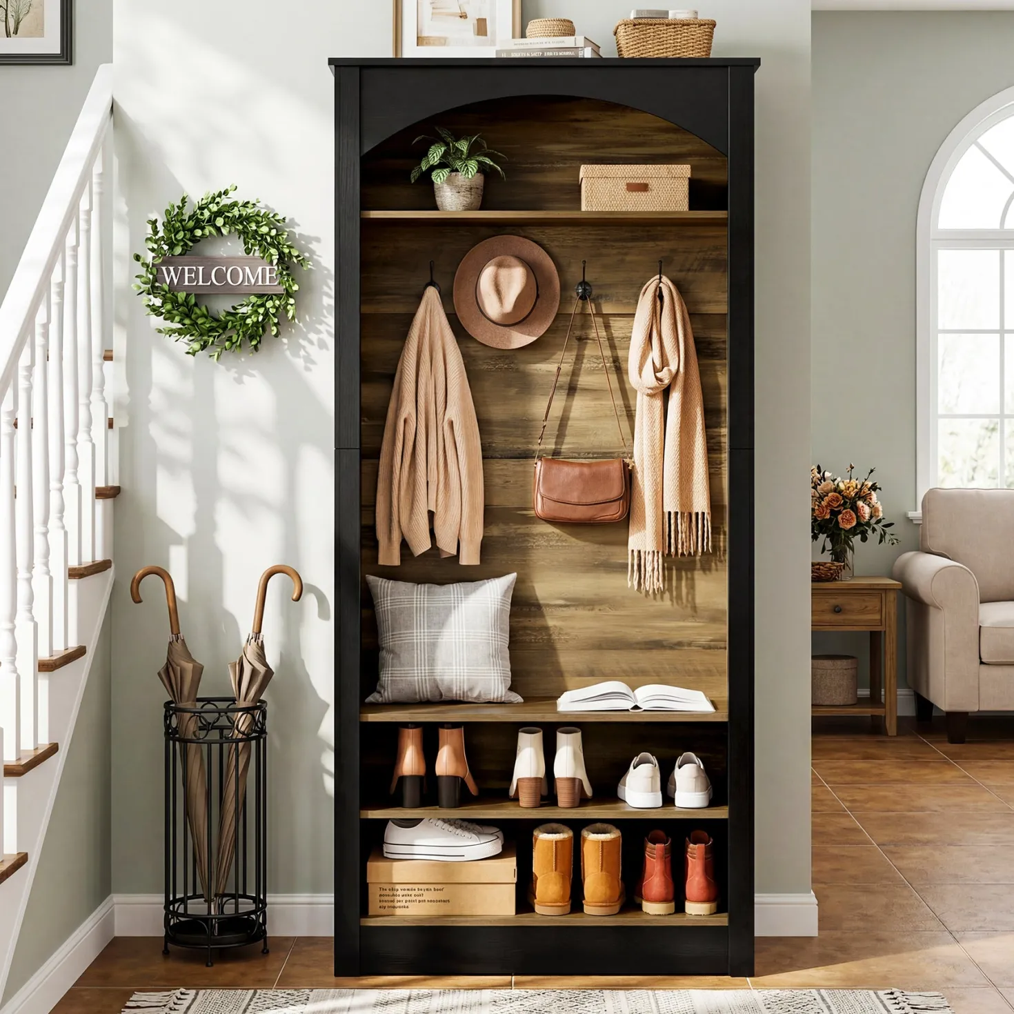 74.8" Hall Tree, 3-Tier Farmhouse Shoe Rack with Coat Rack for Entryway