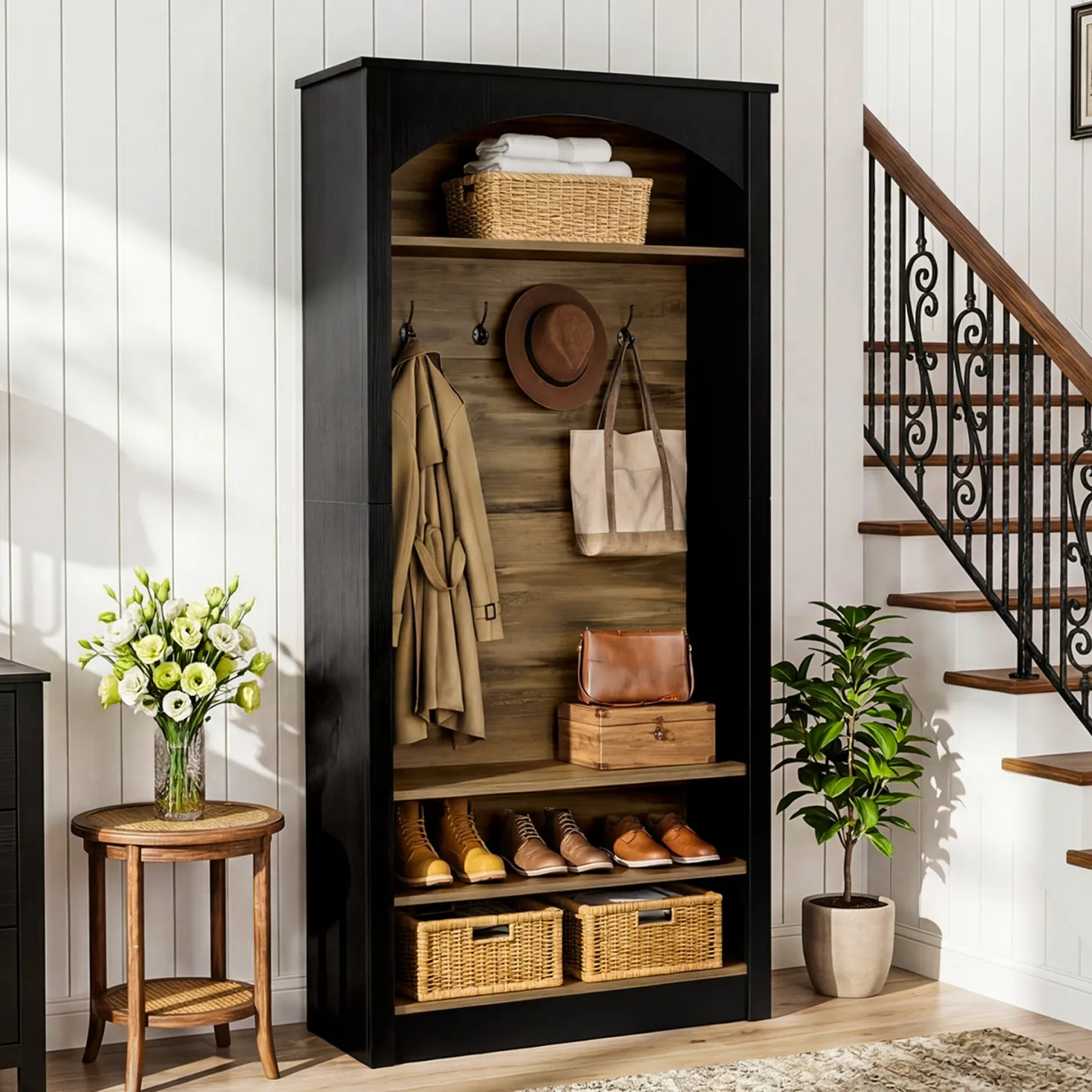 74.8" Hall Tree, 3-Tier Farmhouse Shoe Rack with Coat Rack for Entryway