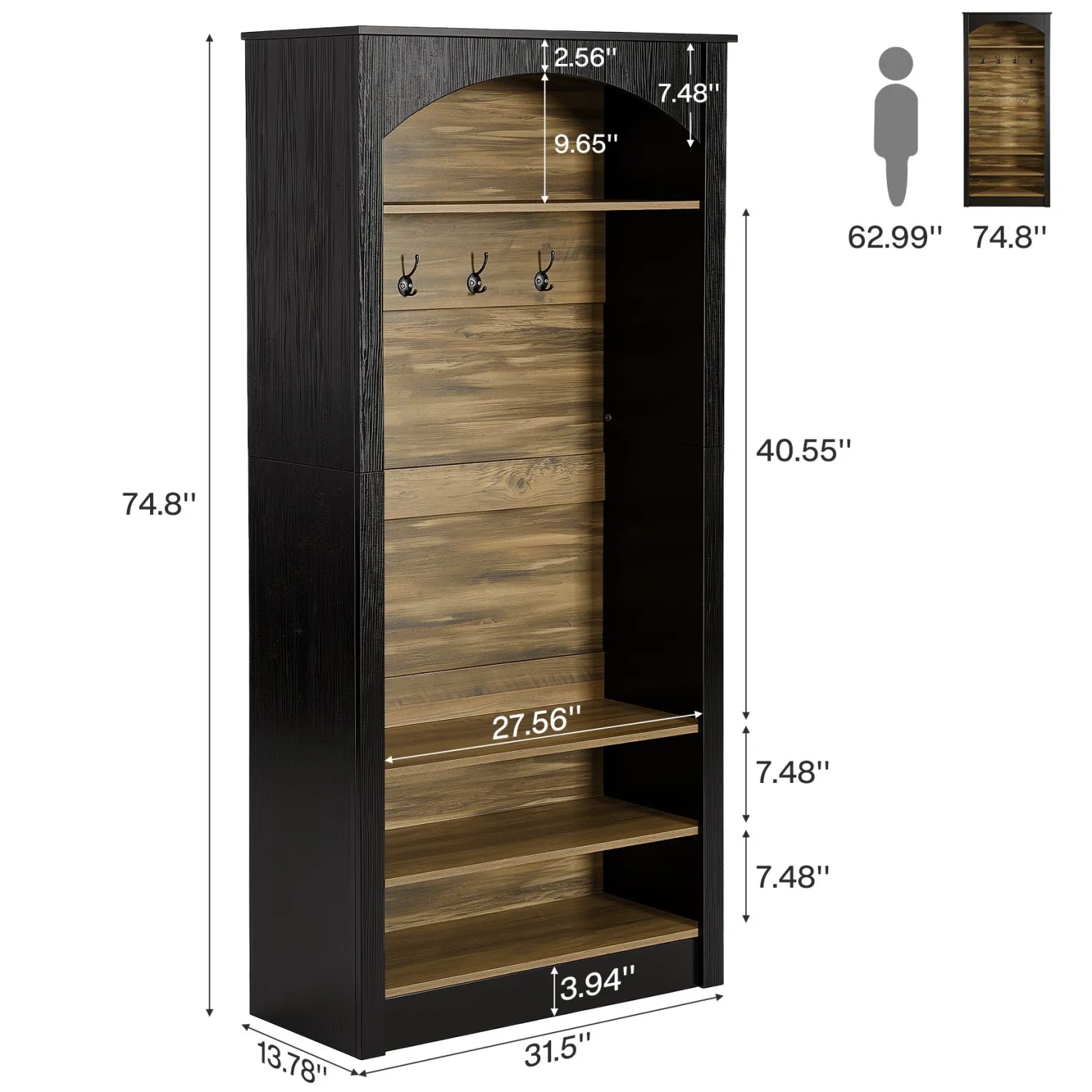 74.8" Hall Tree, 3-Tier Farmhouse Shoe Rack with Coat Rack for Entryway