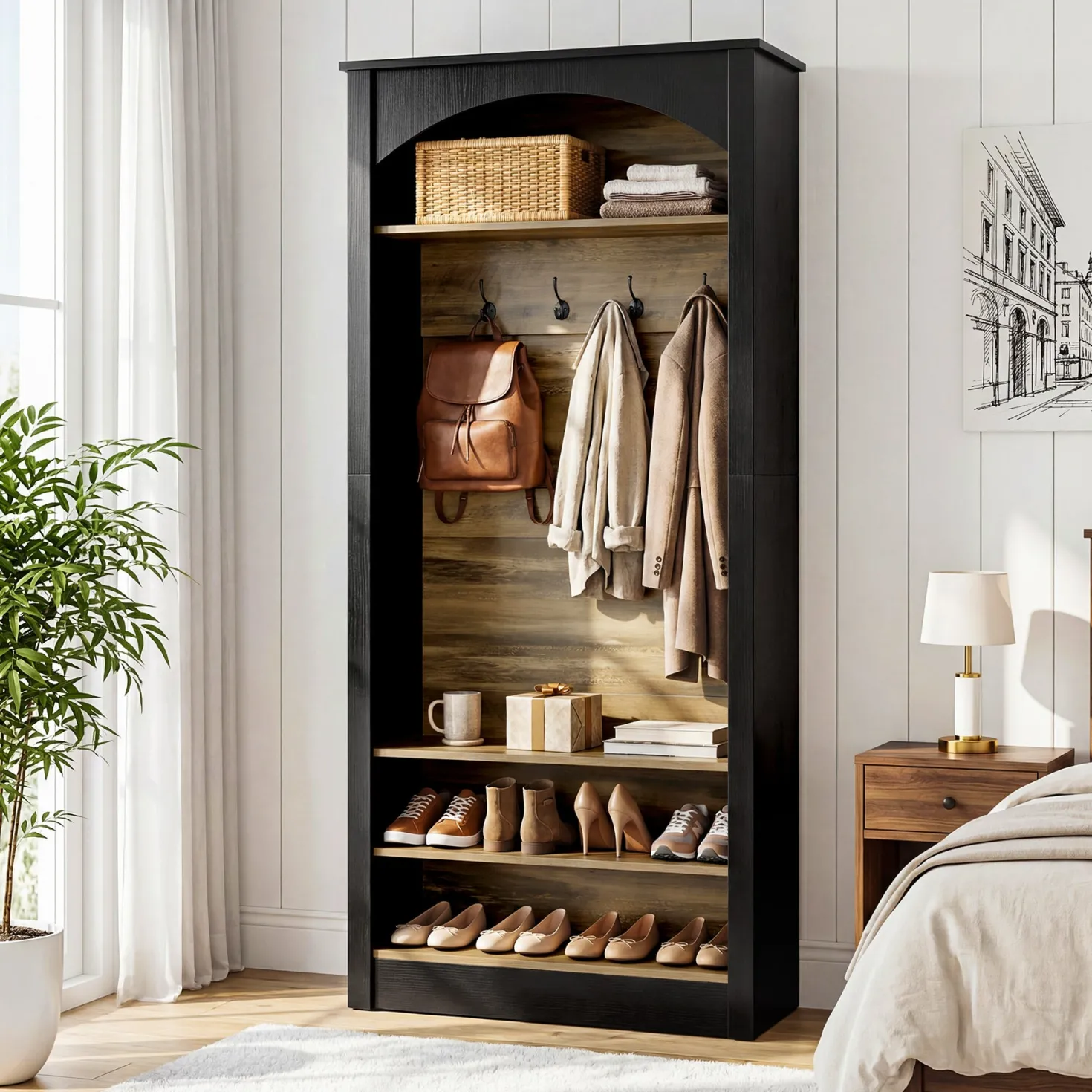 74.8" Hall Tree, 3-Tier Farmhouse Shoe Rack with Coat Rack for Entryway