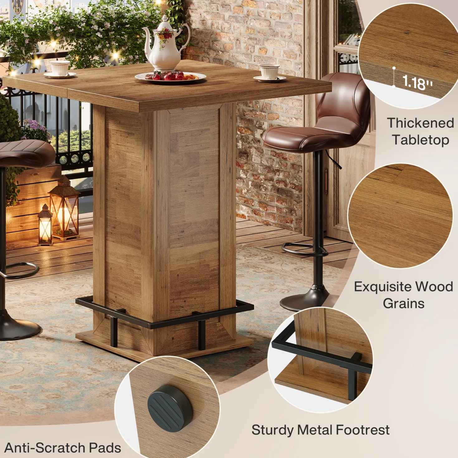 39" High Top Bar Table, Square Bistro Pub Cocktail Table