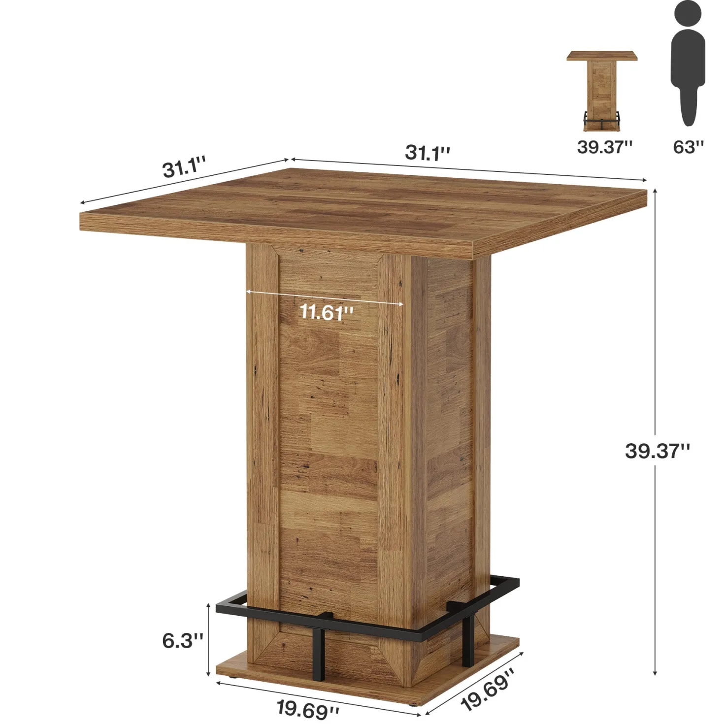 39" High Top Bar Table, Square Bistro Pub Cocktail Table