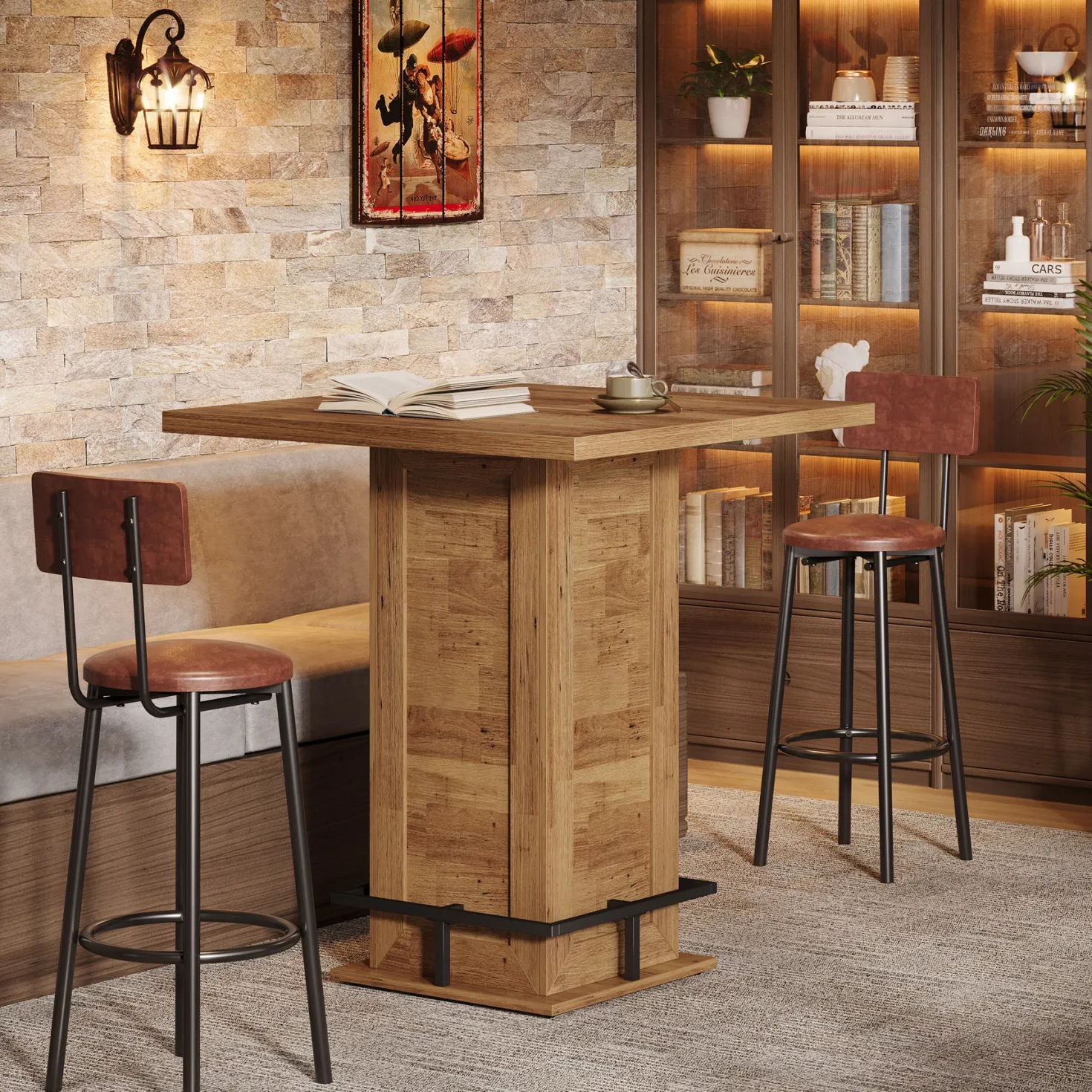 39" High Top Bar Table, Square Bistro Pub Cocktail Table