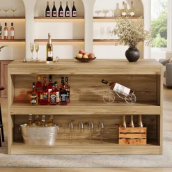 59" Home Bar Table, Rectangular Pub Table Coffee Bar Cabinet with 2-Tier Open Shelves