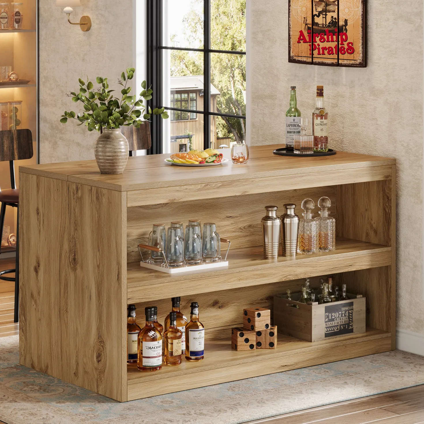 59" Home Bar Table, Rectangular Pub Table Coffee Bar Cabinet with 2-Tier Open Shelves