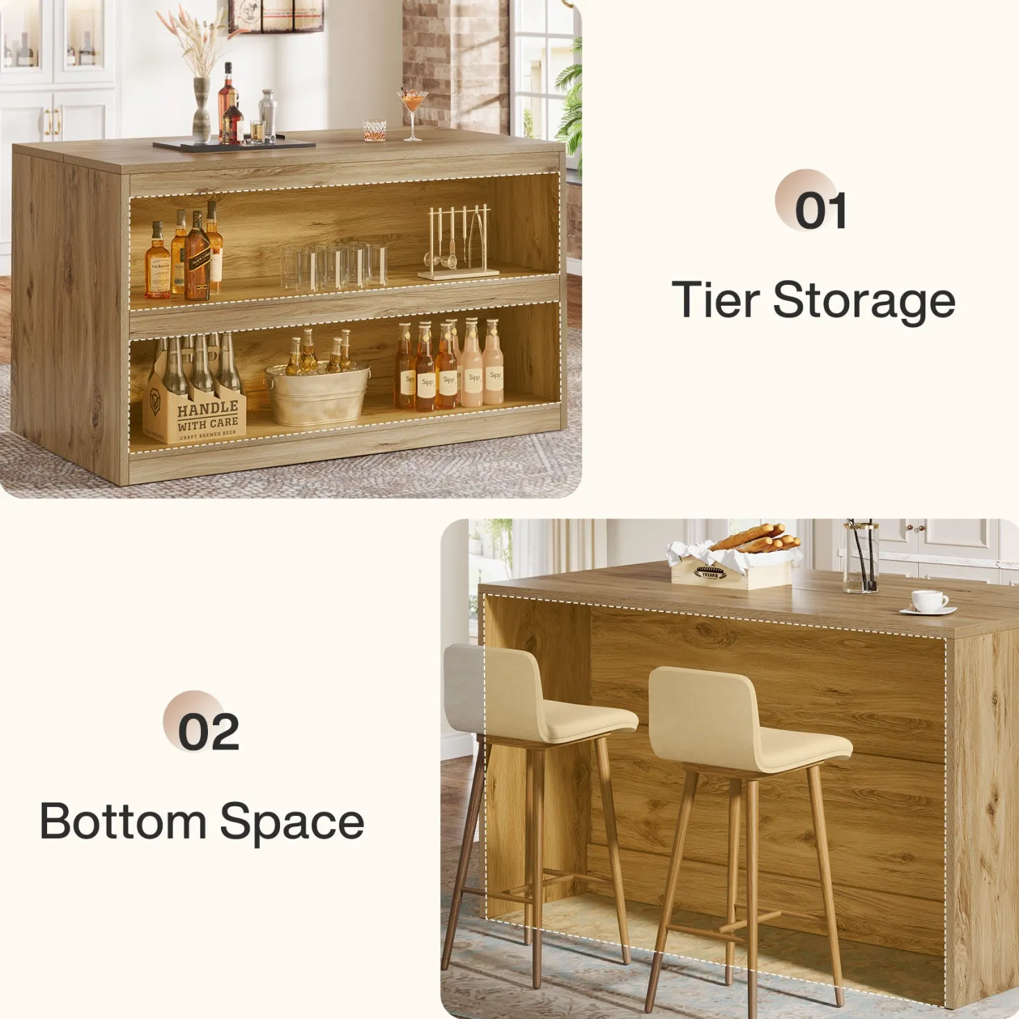 59" Home Bar Table, Rectangular Pub Table Coffee Bar Cabinet with 2-Tier Open Shelves