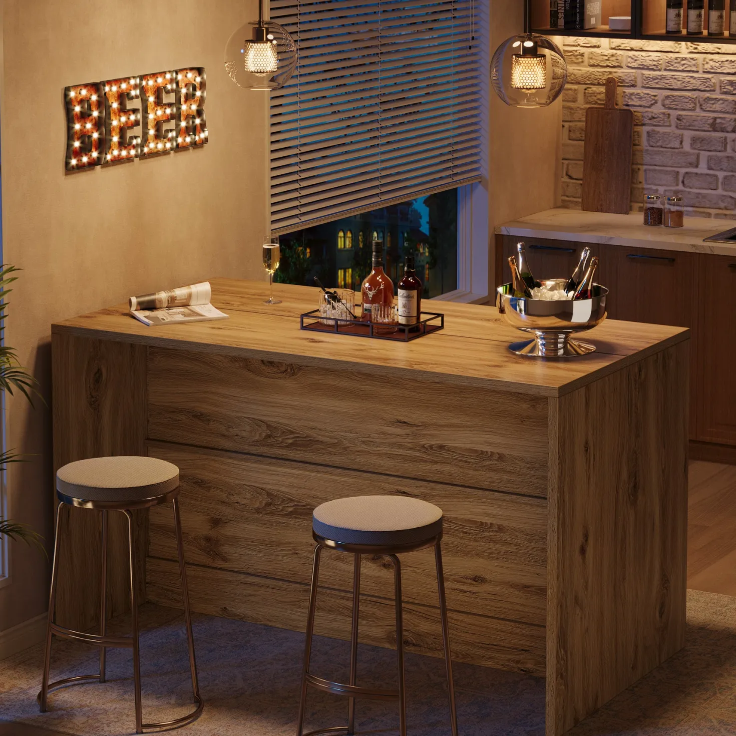 59" Home Bar Table, Rectangular Pub Table Coffee Bar Cabinet with 2-Tier Open Shelves