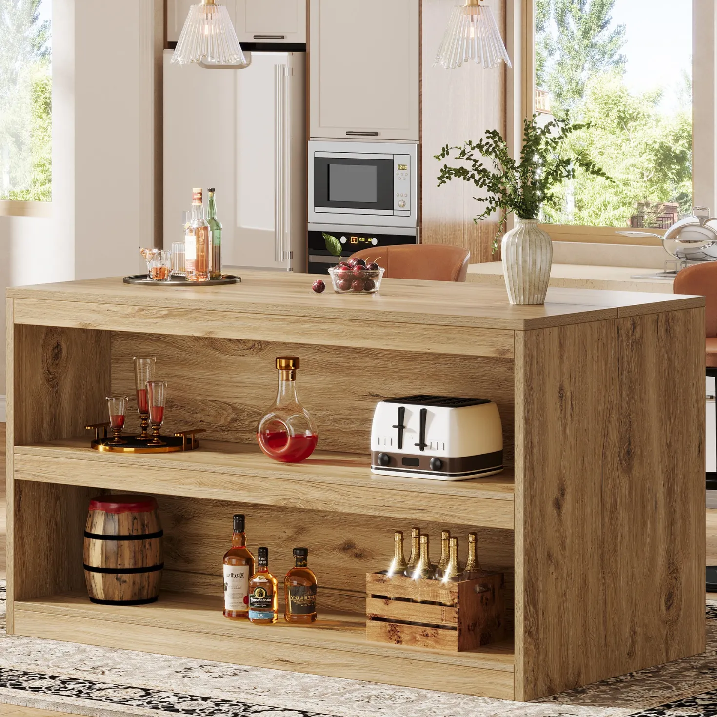 59" Home Bar Table, Rectangular Pub Table Coffee Bar Cabinet with 2-Tier Open Shelves