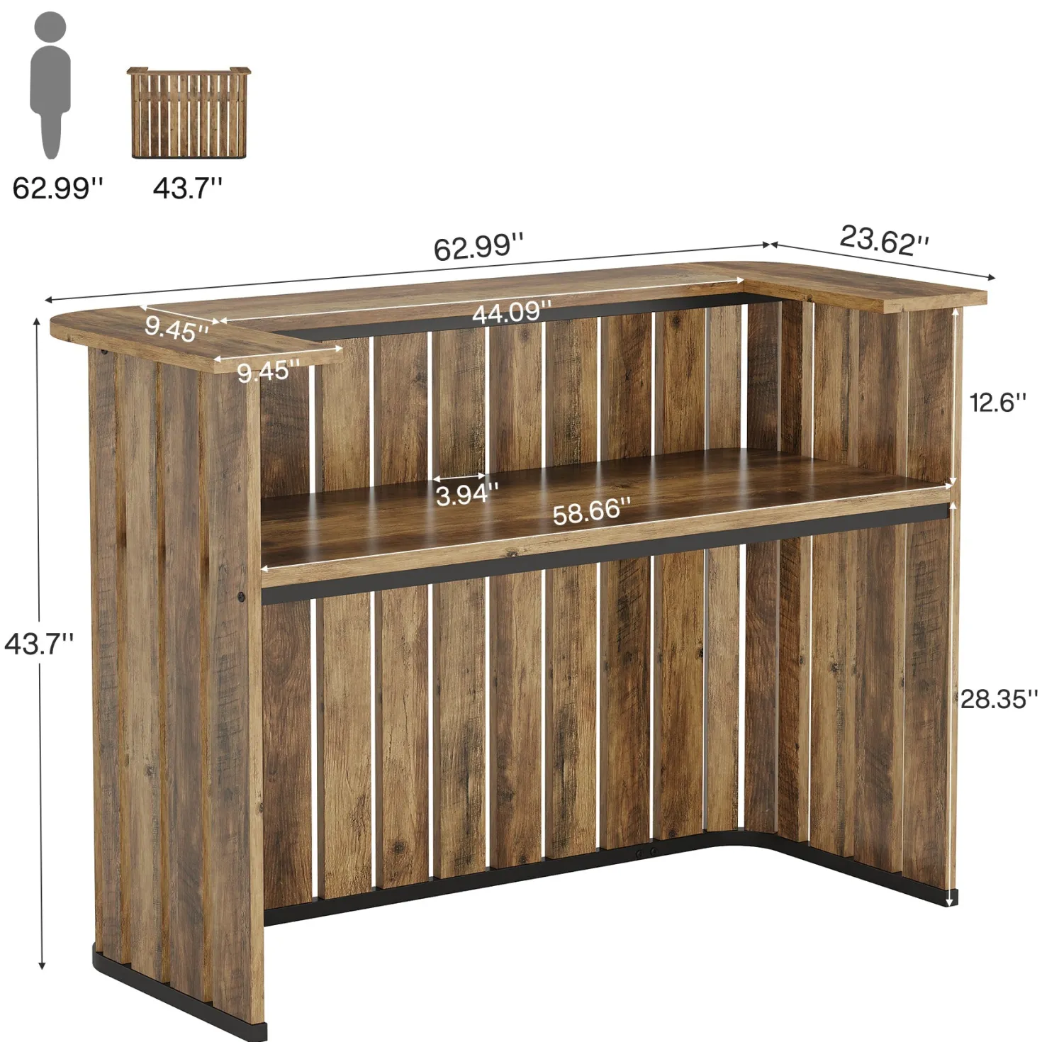 63" Home Bar Unit, Farmhouse Liquor Bar Table with 2-Tier Shelves
