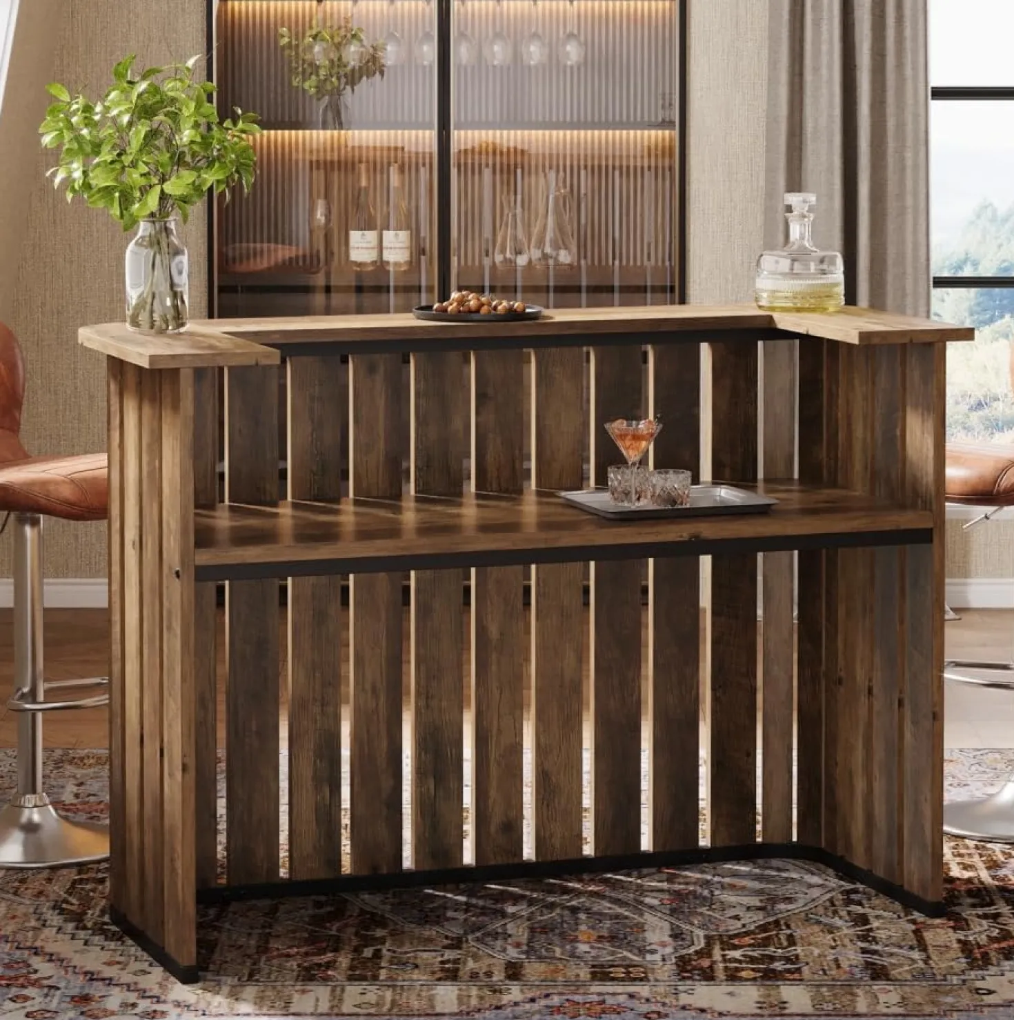 63" Home Bar Unit, Farmhouse Liquor Bar Table with 2-Tier Shelves