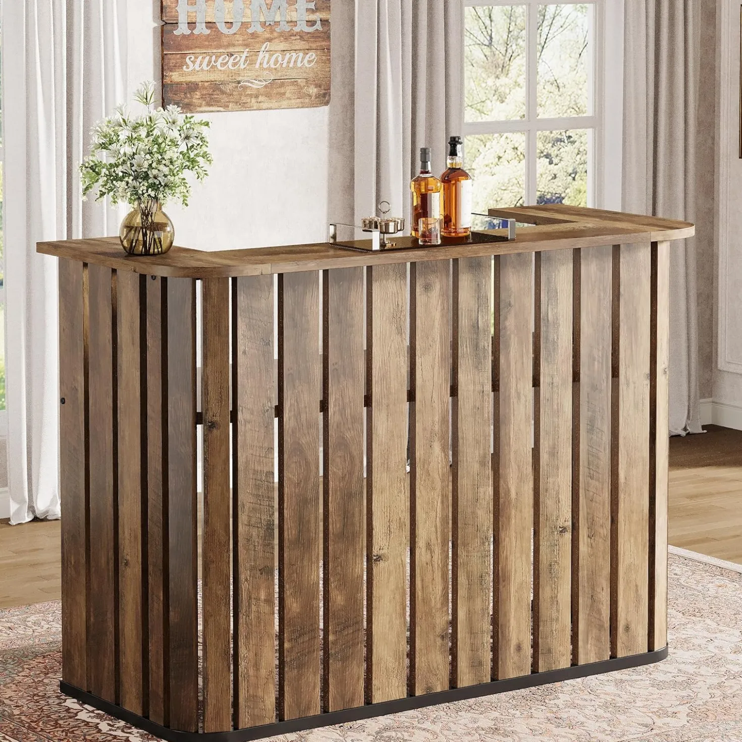 63" Home Bar Unit, Farmhouse Liquor Bar Table with 2-Tier Shelves