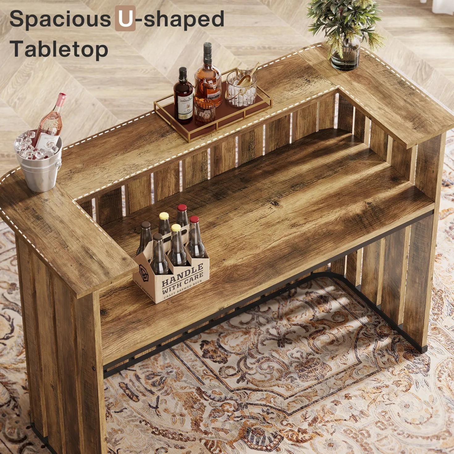 63" Home Bar Unit, Farmhouse Liquor Bar Table with 2-Tier Shelves