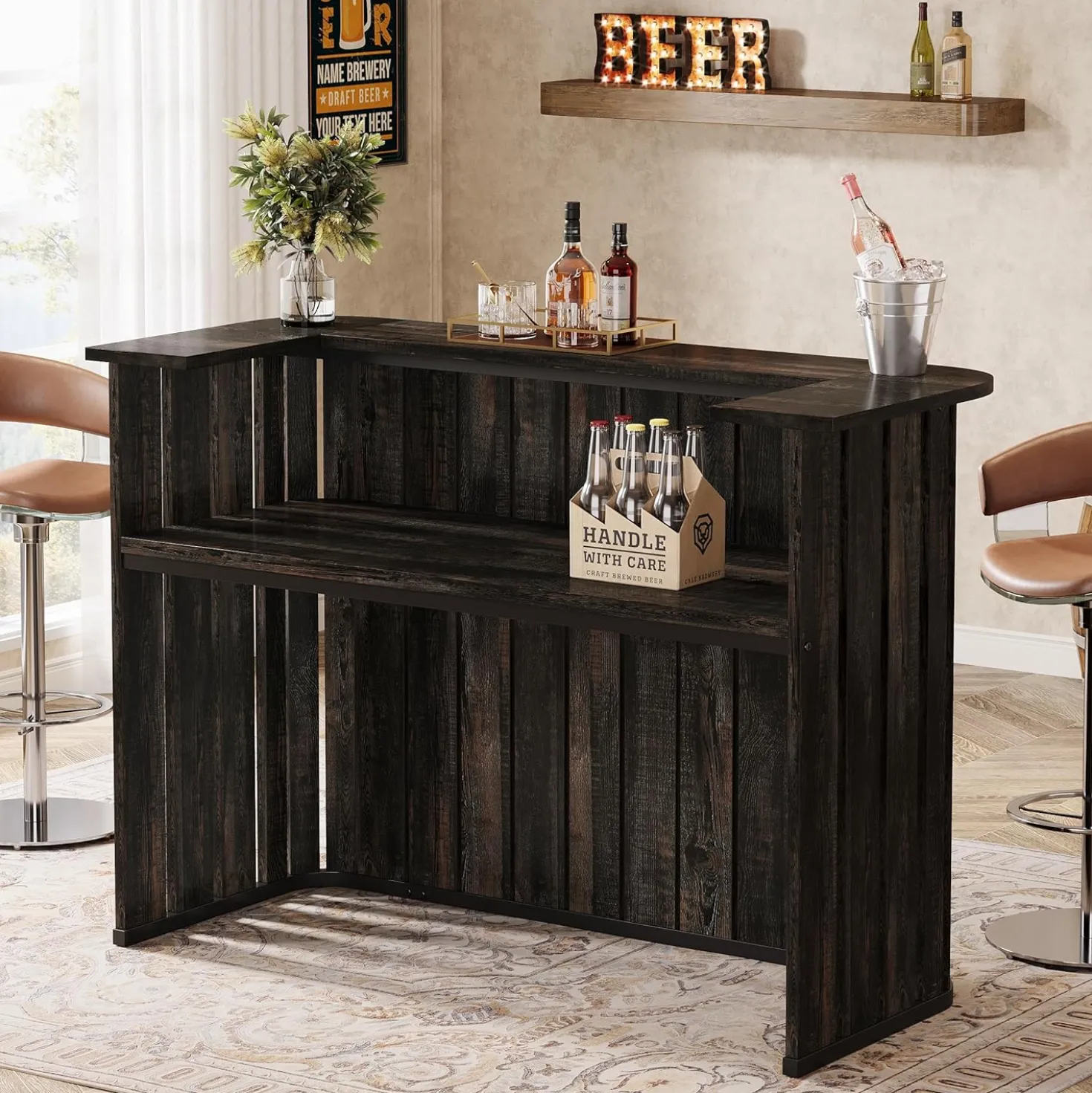 63" Home Bar Unit, Farmhouse Liquor Bar Table with 2-Tier Shelves