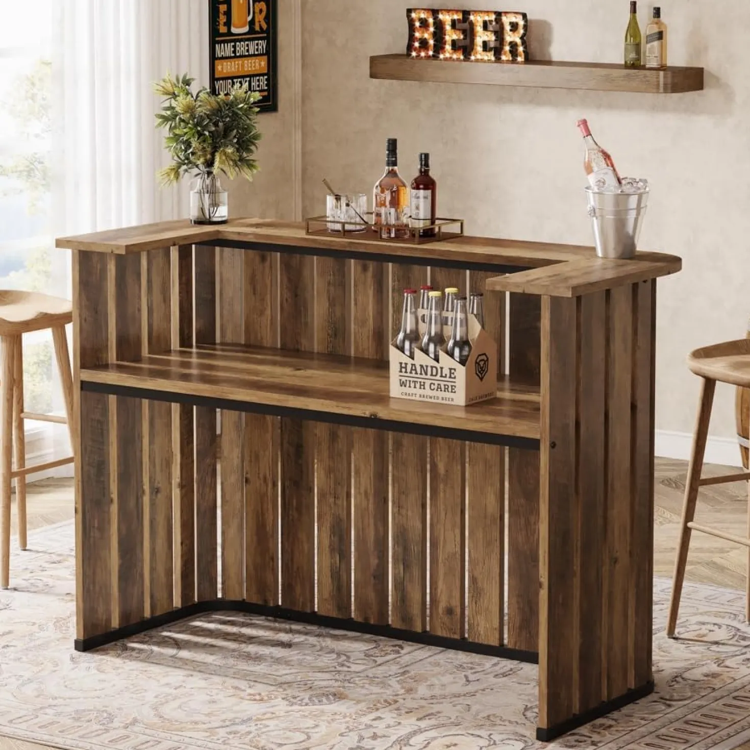 63" Home Bar Unit, Farmhouse Liquor Bar Table with 2-Tier Shelves