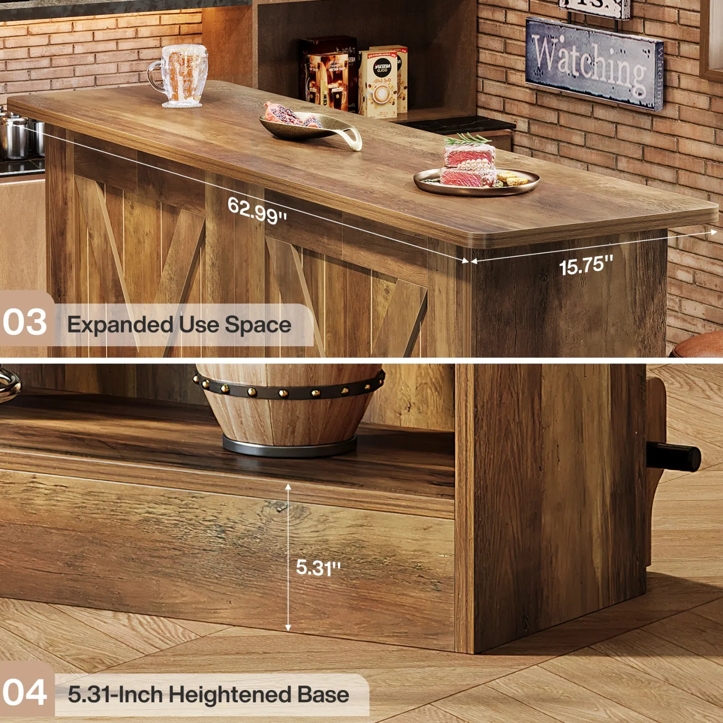 63" Home Bar Unit, 2-Tier Bar Table Coffee Cabinet with Footrest