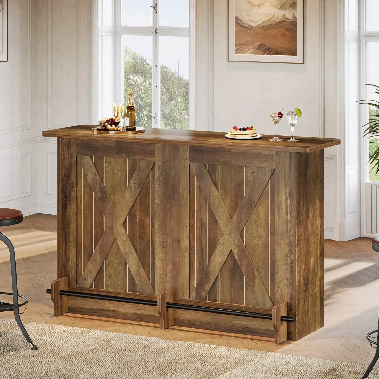 63" Home Bar Unit, 2-Tier Bar Table Coffee Cabinet with Footrest