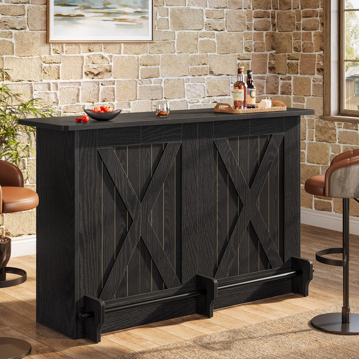 63" Home Bar Unit, 2-Tier Bar Table Coffee Cabinet with Footrest