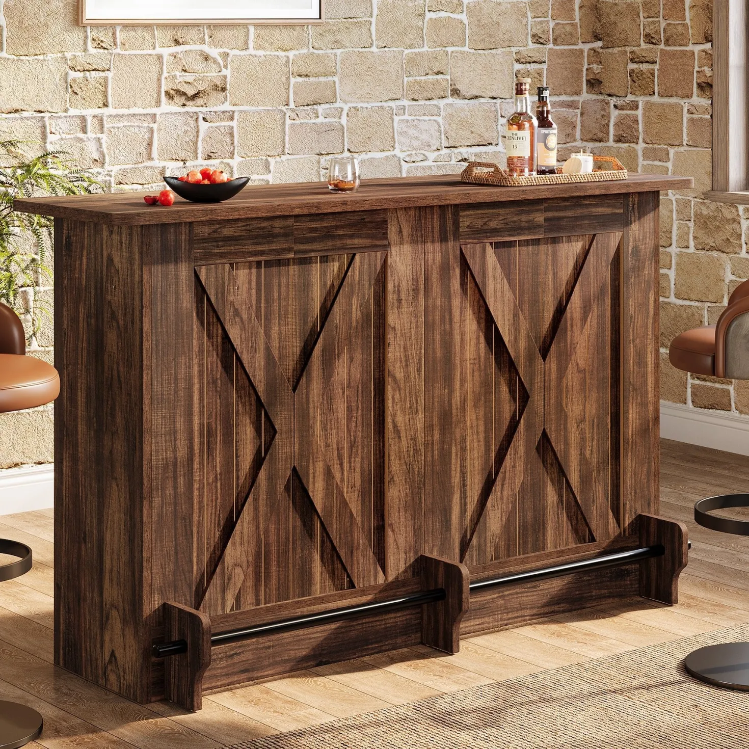 63" Home Bar Unit, 2-Tier Bar Table Coffee Cabinet with Footrest