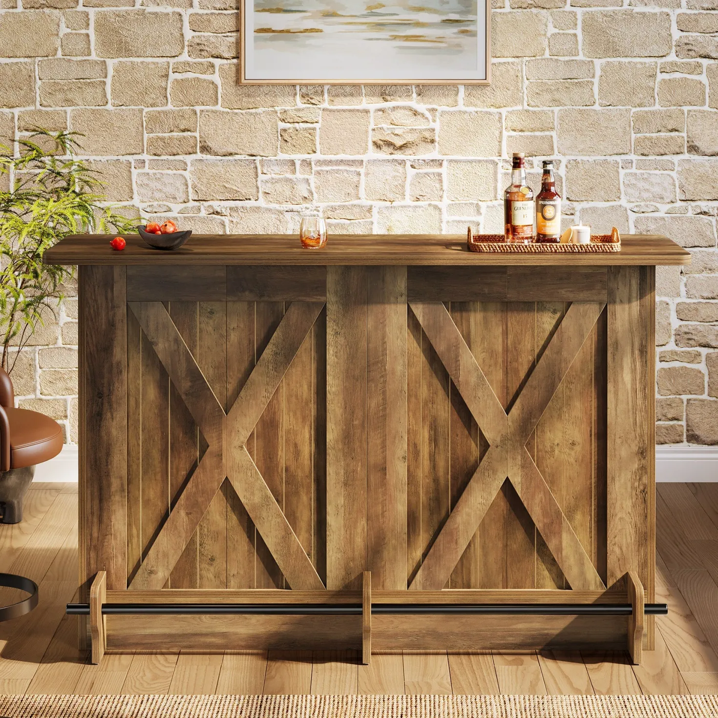 63" Home Bar Unit, 2-Tier Bar Table Coffee Cabinet with Footrest