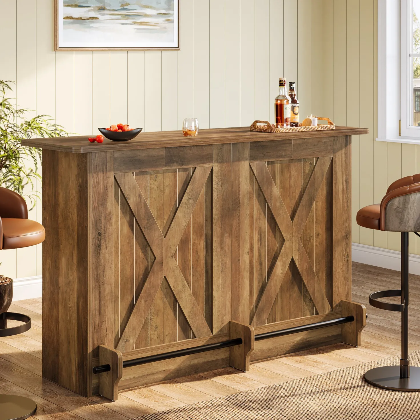 63" Home Bar Unit, 2-Tier Bar Table Coffee Cabinet with Footrest