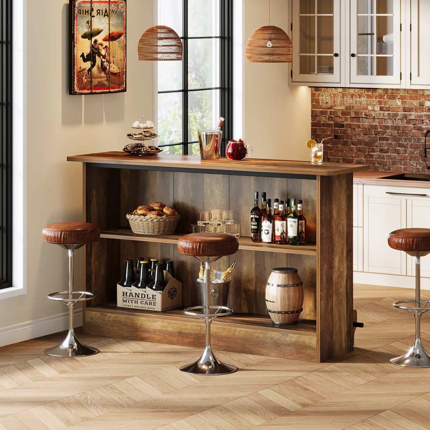 63" Home Bar Unit, 2-Tier Bar Table Coffee Cabinet with Footrest