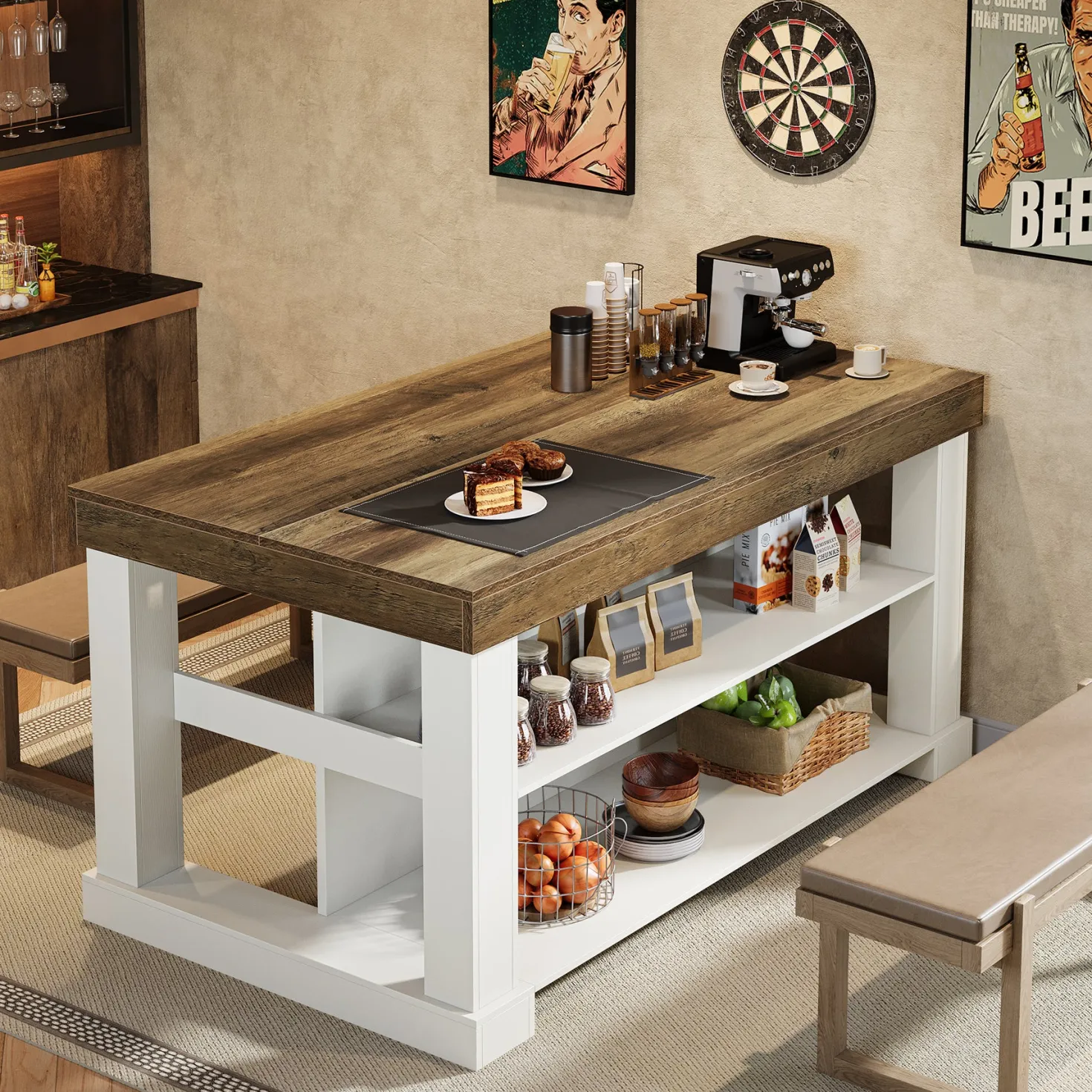 55" Home Bar Unit, 3-Tier Pub Table Liquor Cabinet with Storage Shelves