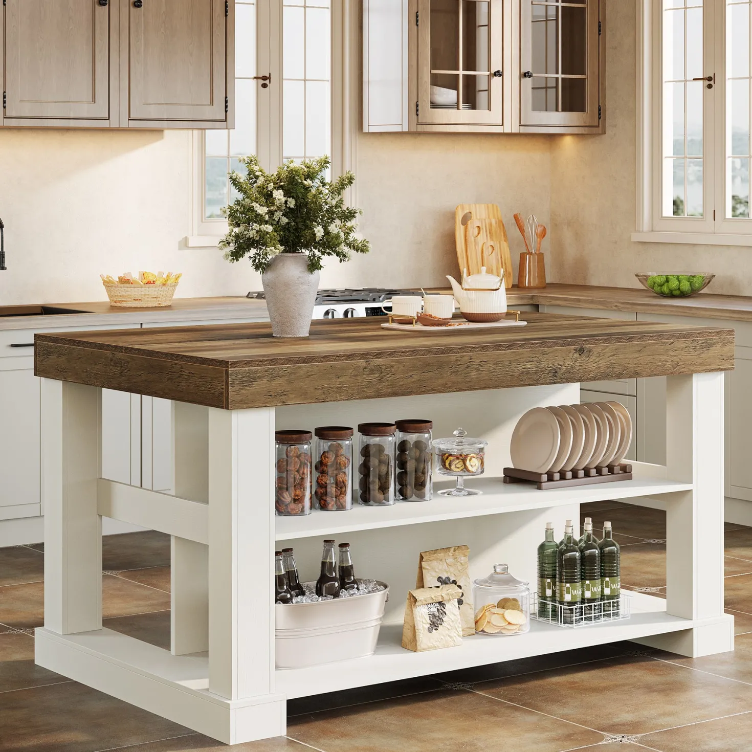 55" Home Bar Unit, 3-Tier Pub Table Liquor Cabinet with Storage Shelves
