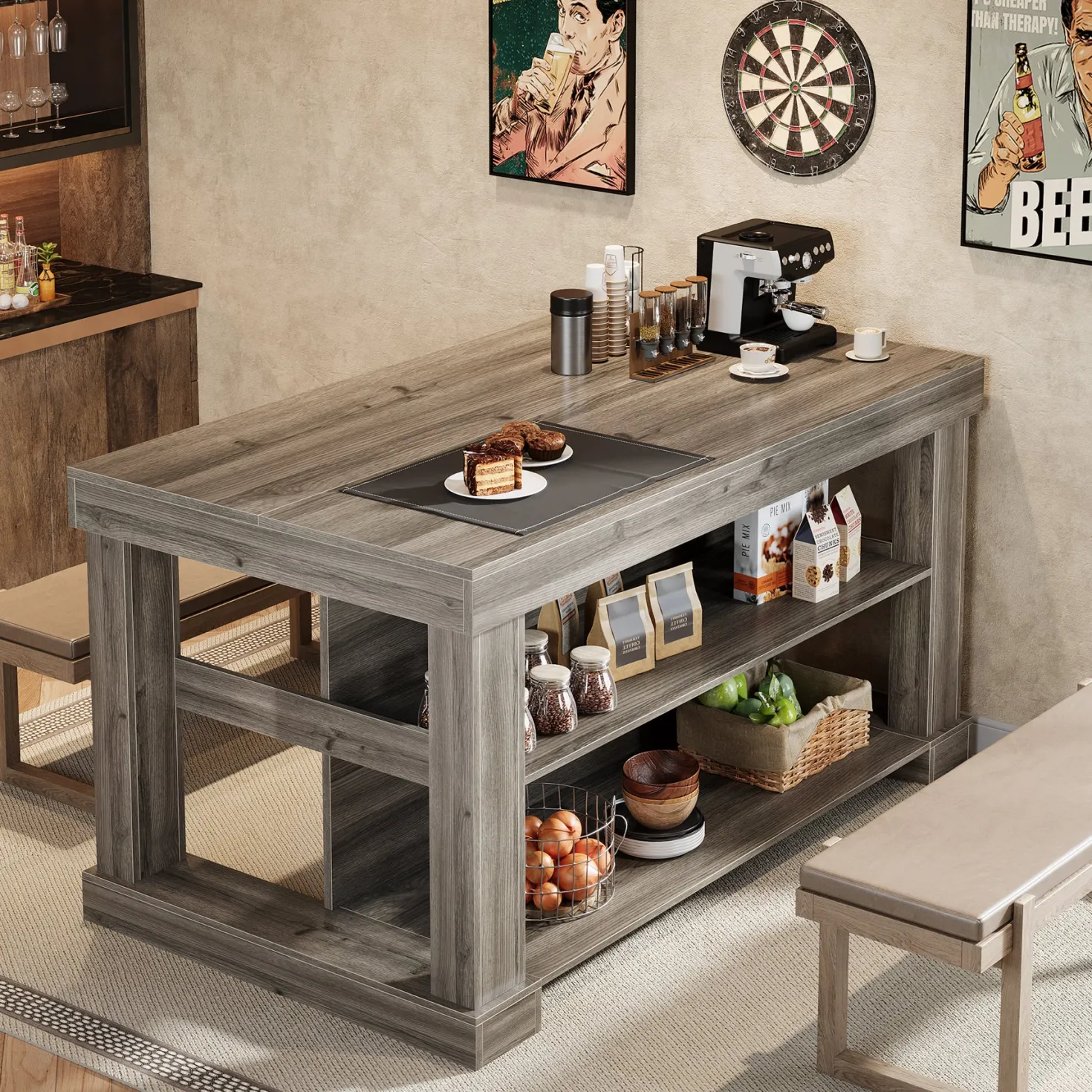 55" Home Bar Unit, 3-Tier Pub Table Liquor Cabinet with Storage Shelves