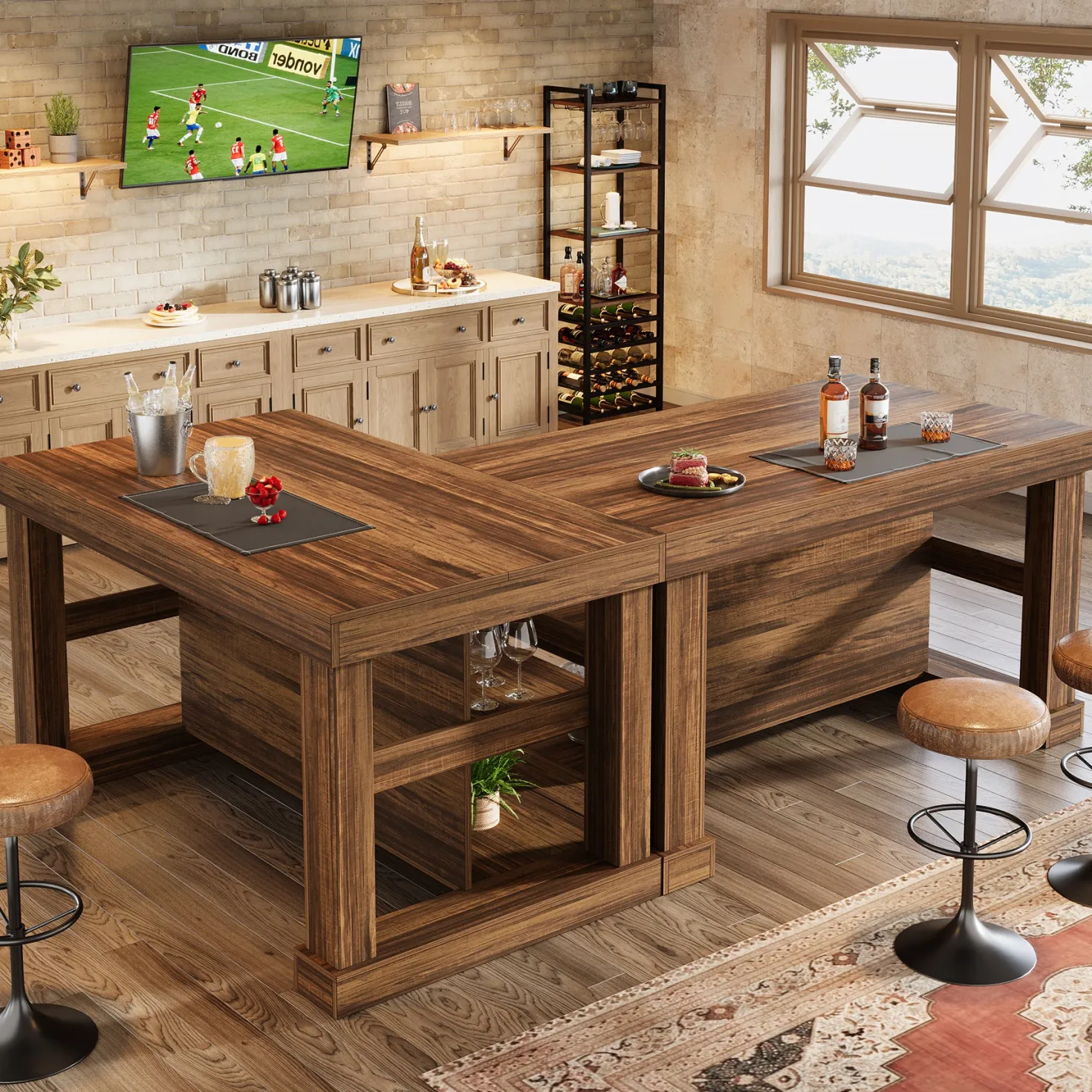 55" Home Bar Unit, 3-Tier Pub Table Liquor Cabinet with Storage Shelves