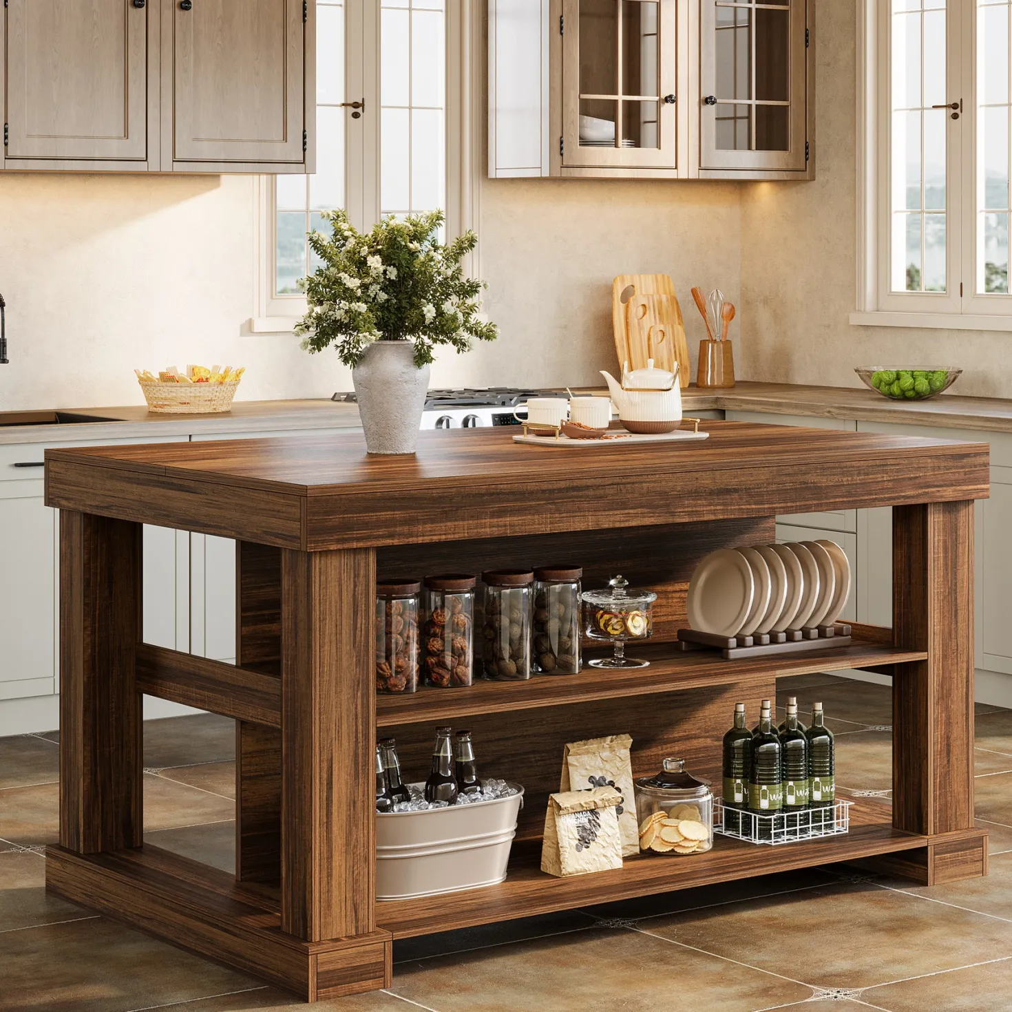 55" Home Bar Unit, 3-Tier Pub Table Liquor Cabinet with Storage Shelves
