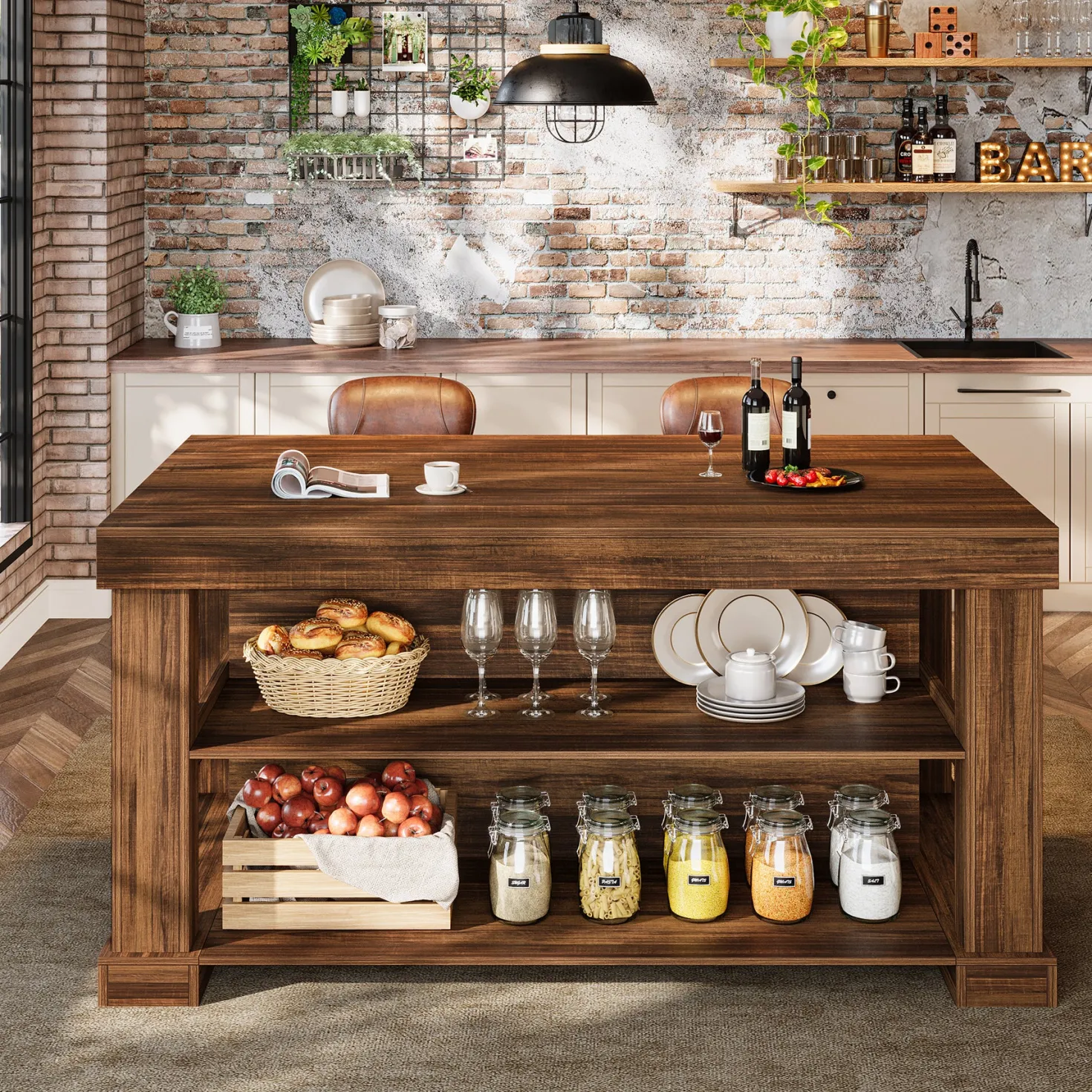 55" Home Bar Unit, 3-Tier Pub Table Liquor Cabinet with Storage Shelves