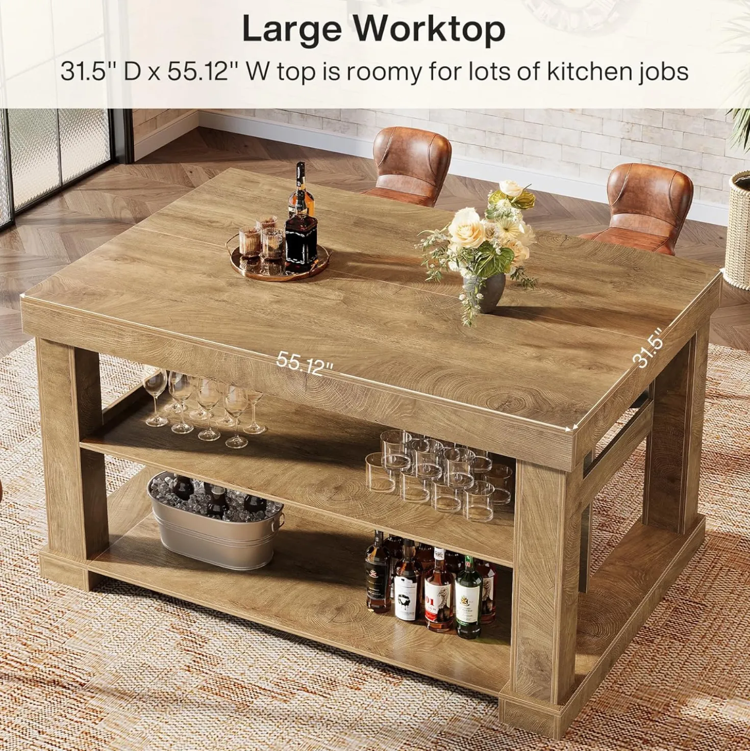 55" Home Bar Unit, 3-Tier Pub Table Liquor Cabinet with Storage Shelves