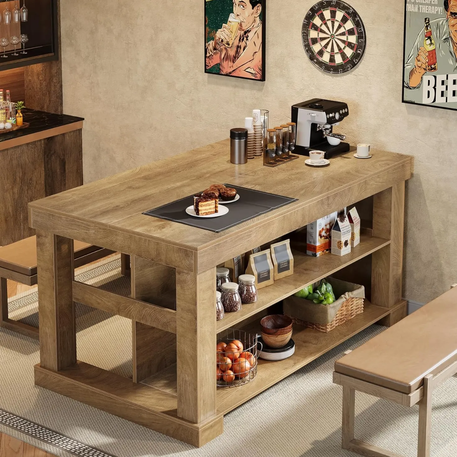 55" Home Bar Unit, 3-Tier Pub Table Liquor Cabinet with Storage Shelves