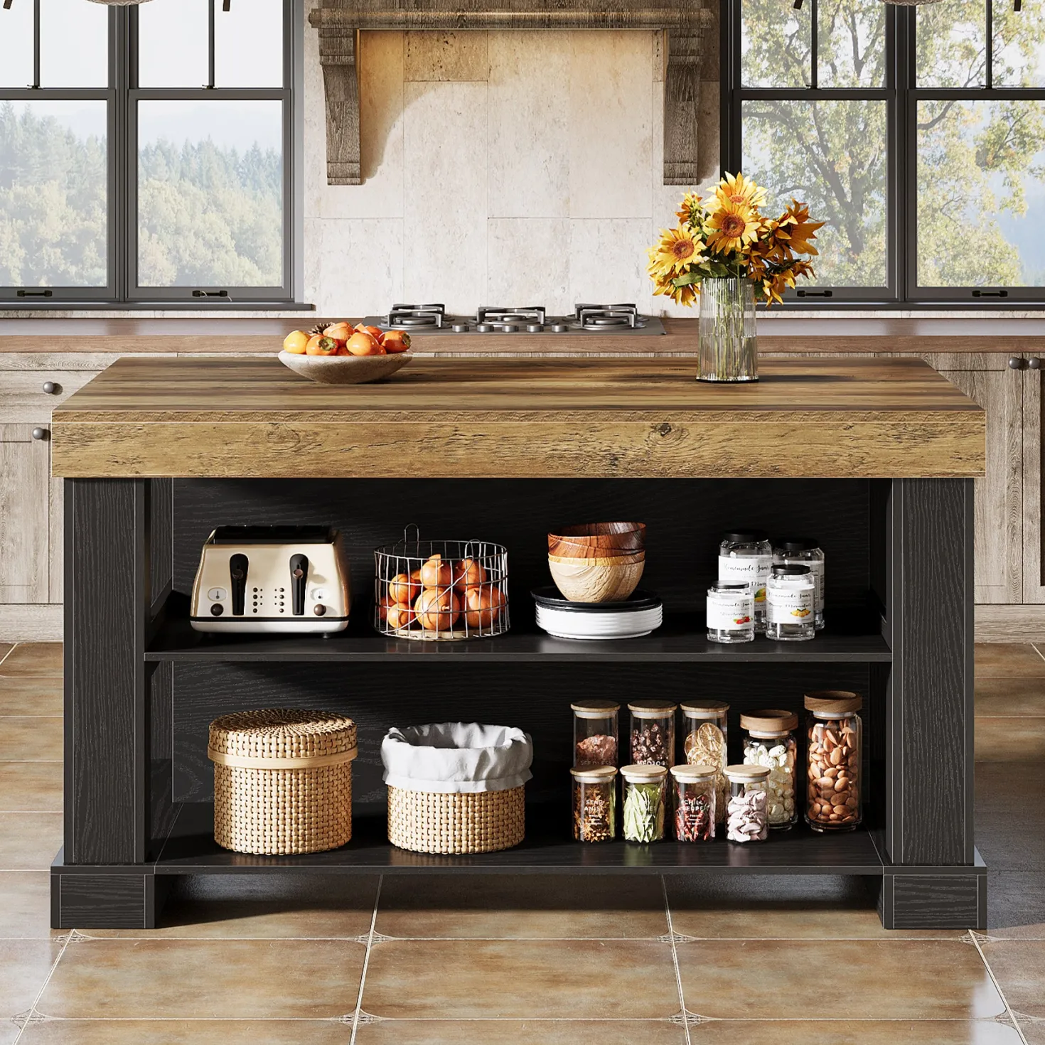 55" Home Bar Unit, 3-Tier Pub Table Liquor Cabinet with Storage Shelves