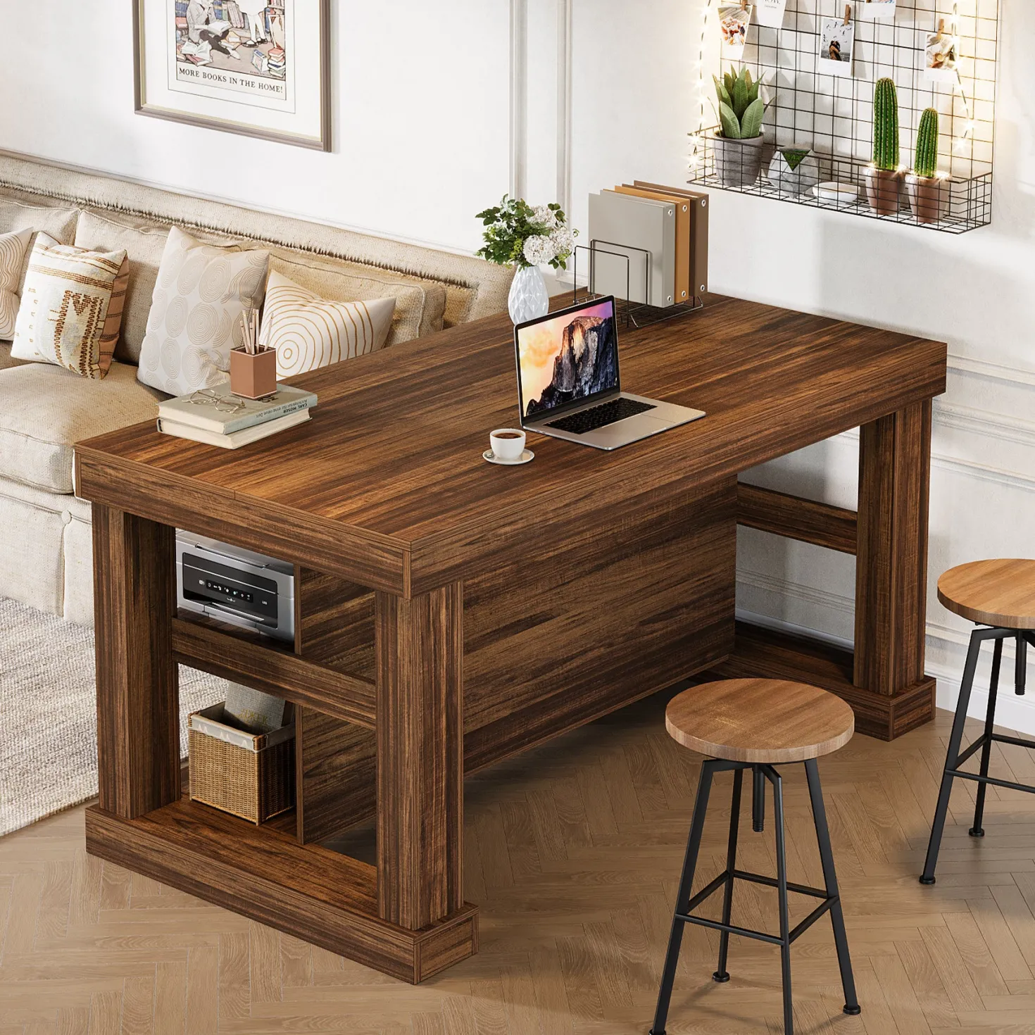 55" Home Bar Unit, 3-Tier Pub Table Liquor Cabinet with Storage Shelves
